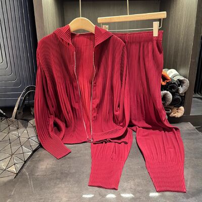 Autumn Style Women's High-End Two-Piece Set Solid Color Zipper Hooded Pleated Suit Long Corduroy Large Size Harem Pants Button