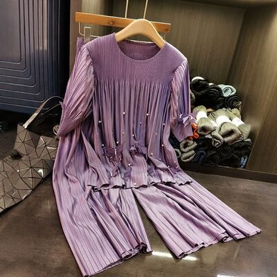 Fashion suit top pants two-piece casual design solid color three-dimensional butterfly nail bead pleated suit