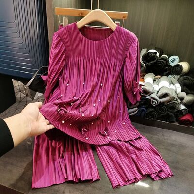 Fashion suit top pants two-piece casual design solid color three-dimensional butterfly nail bead pleated suit