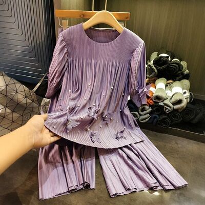 Fashion suit top pants two-piece casual design solid color three-dimensional butterfly nail bead pleated suit