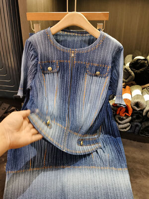 Vintage Hong Kong Style Gradient Short-Sleeve Top Elastic Waist Skirt Unique Denim Color Fashionable Two-Piece Set for Summer