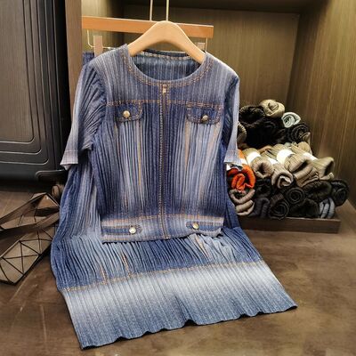 Vintage Hong Kong Style Gradient Short-Sleeve Top Elastic Waist Skirt Unique Denim Color Fashionable Two-Piece Set for Summer