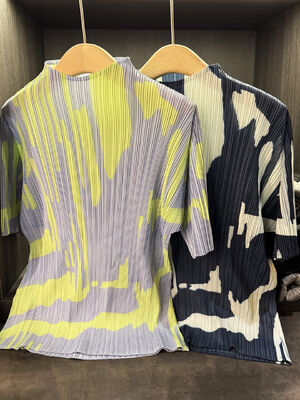 Women's Summer Two-Piece Casual Suit Color-Blocked Printed Pleated Stand-Up Collar Short-Sleeved T-Shirt Loose New Slimming Look