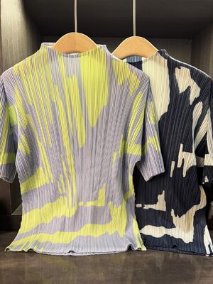 Women's Summer Two-Piece Casual Suit Color-Blocked Printed Pleated Stand-Up Collar Short-Sleeved T-Shirt Loose New Slimming Look