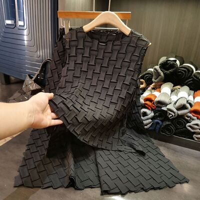 Summer New High-End Three-Dimensional Pleated Casual Two-Piece Set Age-Reducing Sleepless Jacket Loose Elastic Waist Solid