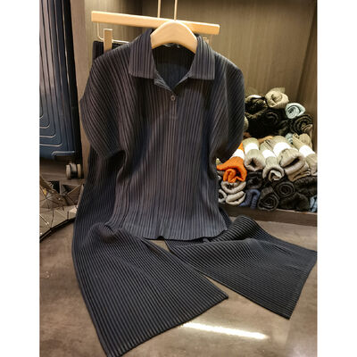 Women's New Casual Slim Two-Piece Set French Foreign Style Short Sleeve Pleated Lapel Suit Solid Color Woven Texture for Autumn