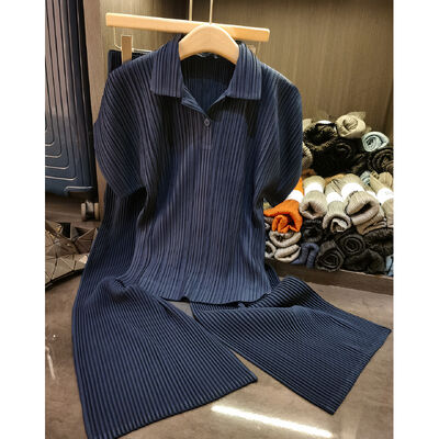 Women's New Casual Slim Two-Piece Set French Foreign Style Short Sleeve Pleated Lapel Suit Solid Color Woven Texture for Autumn