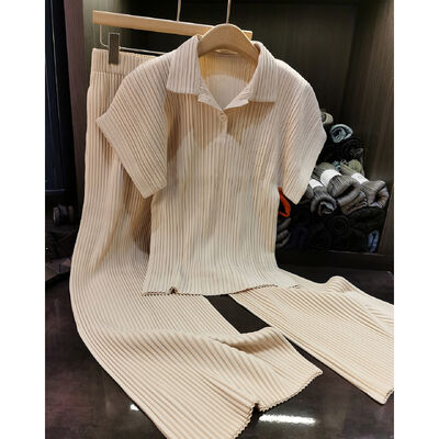 Women's New Casual Slim Two-Piece Set French Foreign Style Short Sleeve Pleated Lapel Suit Solid Color Woven Texture for Autumn