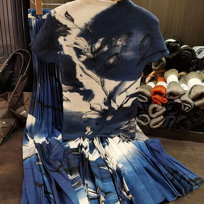 Chinese Vintage Floral Women's Summer Slim-Fit Two-Piece Set New Pleated Corn Grain Ink Lace Stand Short Casual Nonwoven