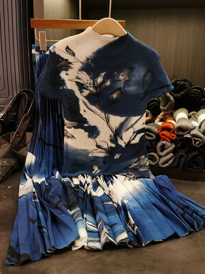 Chinese Vintage Floral Women's Summer Slim-Fit Two-Piece Set New Pleated Corn Grain Ink Lace Stand Short Casual Nonwoven