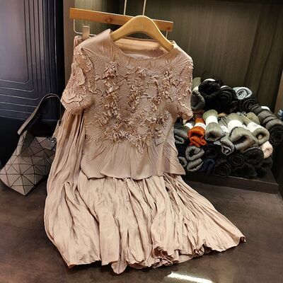 High-End Casual Two-Piece Set Fashionable Pleated Top Skirt Solid Color Short Sleeve Handmade Chiffon Digital for Summer