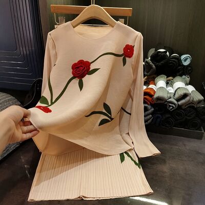 Summer Casual Two-Piece Set Neck Top Paired Retro Chic Elastic Waist Skirt Woven Stereo Flower-Decorated Loose Fit Daily Wear