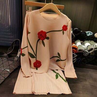 Summer Casual Two-Piece Set Neck Top Paired Retro Chic Elastic Waist Skirt Woven Stereo Flower-Decorated Loose Fit Daily Wear