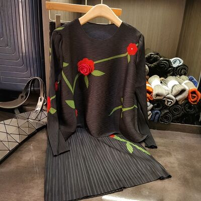 Summer Casual Two-Piece Set Neck Top Paired Retro Chic Elastic Waist Skirt Woven Stereo Flower-Decorated Loose Fit Daily Wear