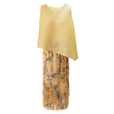 Summer New Short Length Above Knee Irregular Pleated Round Neck Sleeveless Vest with Fashionable Printed Tassel Skirt Set