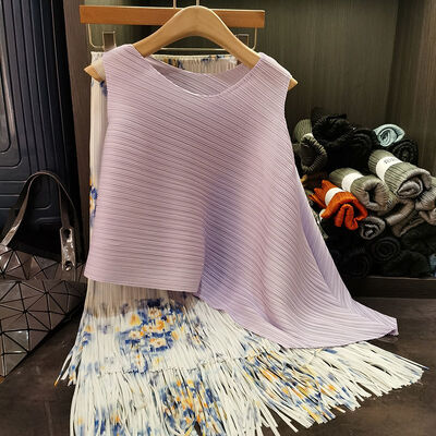 Summer New Short Length Above Knee Irregular Pleated Round Neck Sleeveless Vest with Fashionable Printed Tassel Skirt Set