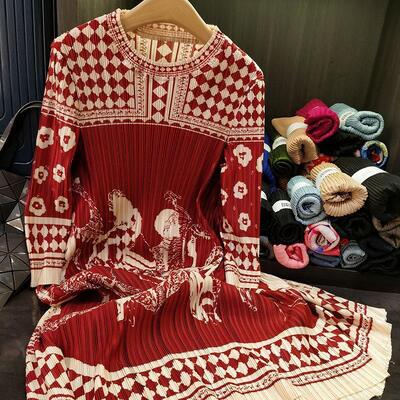 New Chinese Style Loose Pleated Dress with round Neck Long Sleeves Plus Size Slimming Skirt Digitally Printed Waistline Natural