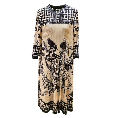 New Chinese Style Loose Pleated Dress with round Neck Long Sleeves Plus Size Slimming Skirt Digitally Printed Waistline Natural