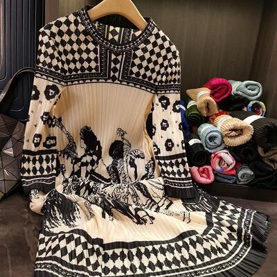 New Chinese Style Loose Pleated Dress with round Neck Long Sleeves Plus Size Slimming Skirt Digitally Printed Waistline Natural