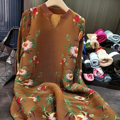 Early Spring New Pleated V-Neck Floral Printed Dress Stylish Plus Size Women's Mid Length Chiffon Skirt Natural Waistline