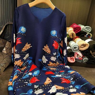 Spring new fashionable pleated dress V-neck western-style printed loose plus size skirt