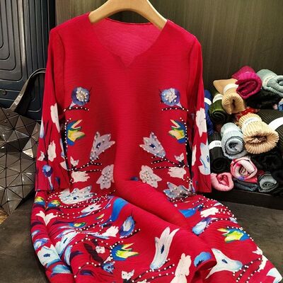 Spring new fashionable pleated dress V-neck western-style printed loose plus size skirt