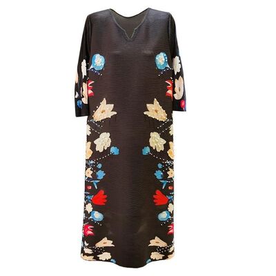 Spring new fashionable pleated dress V-neck western-style printed loose plus size skirt