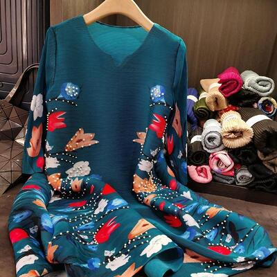 Spring new fashionable pleated dress V-neck western-style printed loose plus size skirt