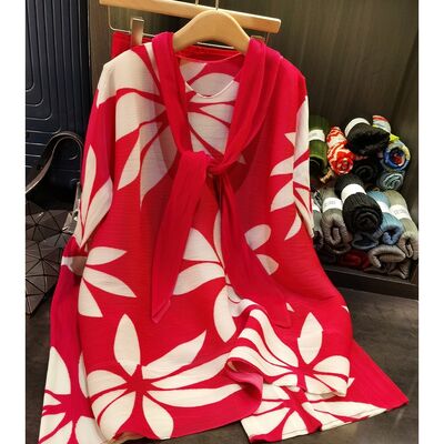 Women's Elegant Floral Printed Shawl Design Pleated Long Top + Wide-Leg Pants Casual Two-Piece Spring New Fashion Suit