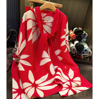 Women's Elegant Floral Printed Shawl Design Pleated Long Top + Wide-Leg Pants Casual Two-Piece Spring New Fashion Suit