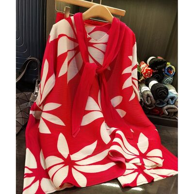 Women's Elegant Floral Printed Shawl Design Pleated Long Top + Wide-Leg Pants Casual Two-Piece Spring New Fashion Suit