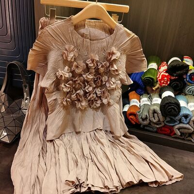 Handmade High-End Women's Casual Solid Two-Piece Set Spring Summer Fashion Cotton Top Large Hem Skirt Design Short Sleeves