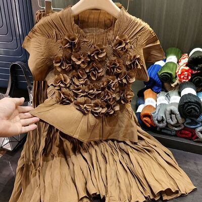 Handmade High-End Women's Casual Solid Two-Piece Set Spring Summer Fashion Cotton Top Large Hem Skirt Design Short Sleeves