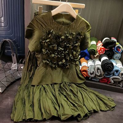 Handmade High-End Women's Casual Solid Two-Piece Set Spring Summer Fashion Cotton Top Large Hem Skirt Design Short Sleeves