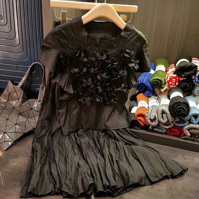 Handmade High-End Women's Casual Solid Two-Piece Set Spring Summer Fashion Cotton Top Large Hem Skirt Design Short Sleeves