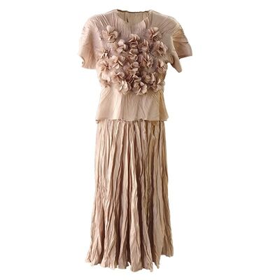 Handmade High-End Women's Casual Solid Two-Piece Set Spring Summer Fashion Cotton Top Large Hem Skirt Design Short Sleeves