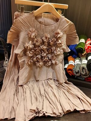 Handmade High-End Women's Casual Solid Two-Piece Set Spring Summer Fashion Cotton Top Large Hem Skirt Design Short Sleeves