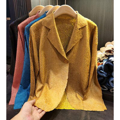 Women's Pleated Casual Small Suit Top Long Sleeve Short Coat with Single Button Closure Solid Design Top Women's Fashion