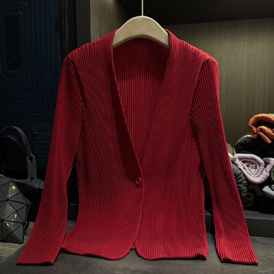 High-End Waterproof Casual Textured Pleated Fashion Blazer Cardigan for Autumn Elegant Solid Color Top