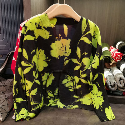 Women's Elegant Chinese Style Floral Cardigan Top Casual Loose Pleated Spring Commuting Short Jacket New Polyester