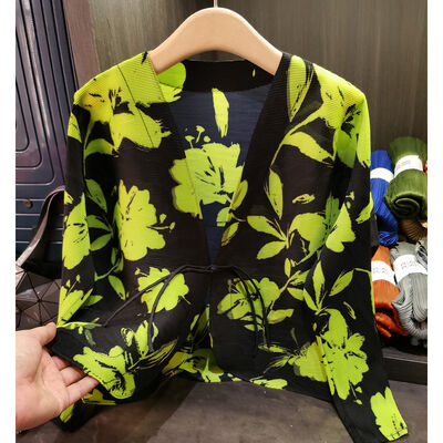 Women's Elegant Chinese Style Floral Cardigan Top Casual Loose Pleated Spring Commuting Short Jacket New Polyester