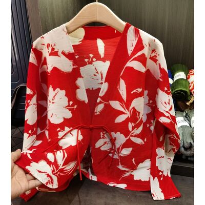 Women's Elegant Chinese Style Floral Cardigan Top Casual Loose Pleated Spring Commuting Short Jacket New Polyester
