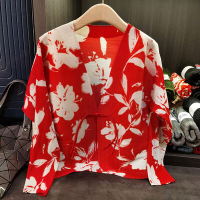 Women's Elegant Chinese Style Floral Cardigan Top Casual Loose Pleated Spring Commuting Short Jacket New Polyester