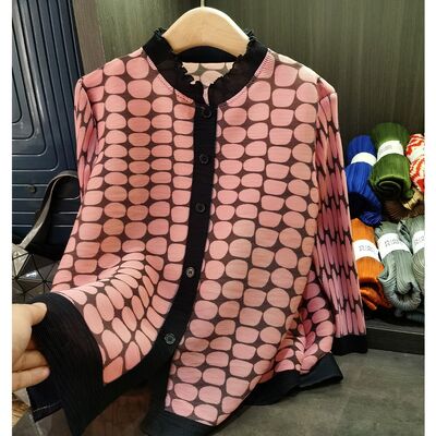 Women's Chic Printed Pleated Chiffon Top Beautiful Lace Stand-Up Collar Three-Quarter Sleeve Loose Casual Outerwear for