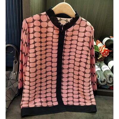 Women's Chic Printed Pleated Chiffon Top Beautiful Lace Stand-Up Collar Three-Quarter Sleeve Loose Casual Outerwear for