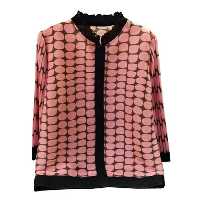 Women's Chic Printed Pleated Chiffon Top Beautiful Lace Stand-Up Collar Three-Quarter Sleeve Loose Casual Outerwear for