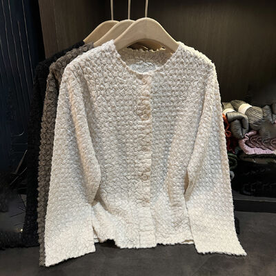 Elegant temperament, solid color round neck single breasted jacket, autumn lazy, simple, loose oversized cardigan