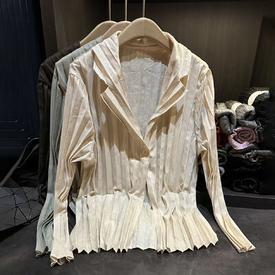 High-end Korean Style Pleated Solid Color Single Button Breathable Blazer Elegant Casual Lazy Atmosphere Slimming Cardigan for