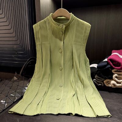 Autumn New Elegant Versatile Loose Plus Size Single-Breasted Top Rabbit Casual Thick Toothpick Pleat Vest Coat Pleated Long