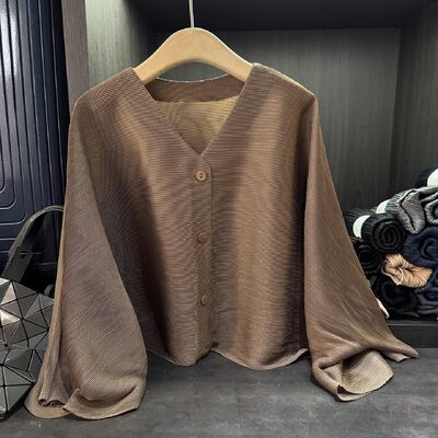 Design Sense Solid Color High-End Ruched Cardigan Jacket Women Autumn New Casual Versatile Slimming Regular Sleeve Long Sun